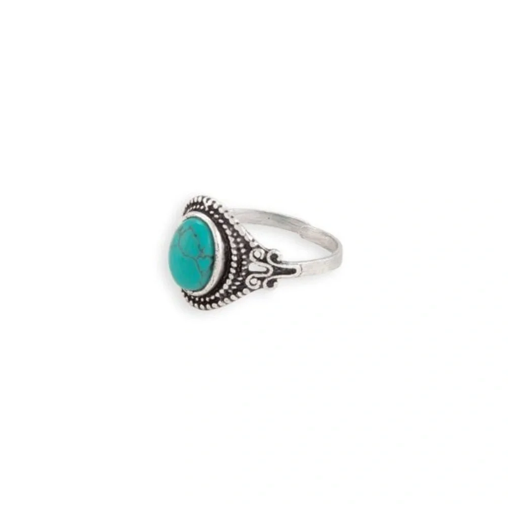 New One size silver toned brass adjustable Faux Turquoise ring Boho Western